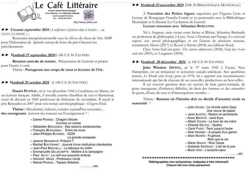 Programme du Café Littéraire pour l'automne 2024